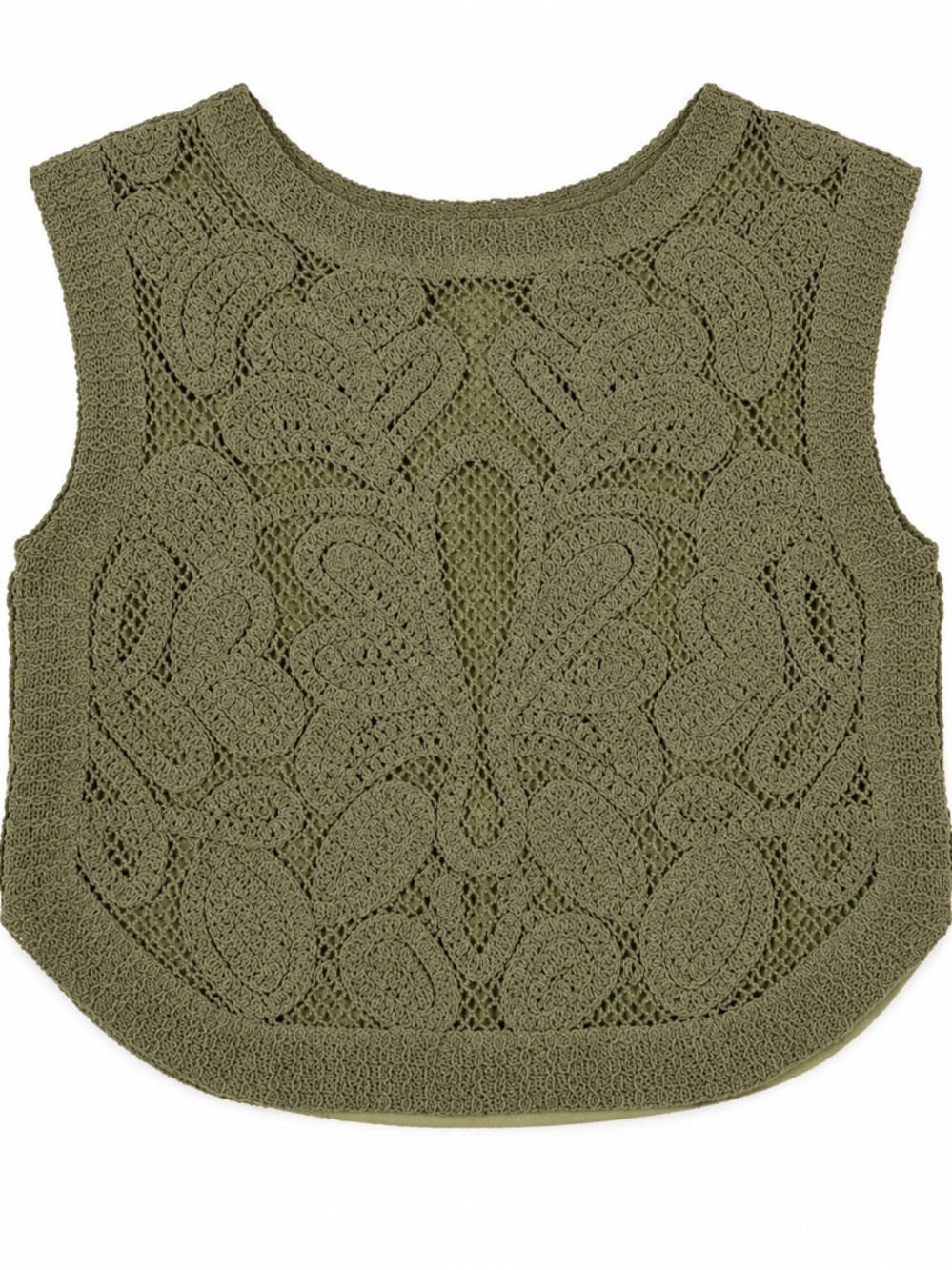 Crochet Knit Sleeveless Crewneck Sweater Tank in Olive Green